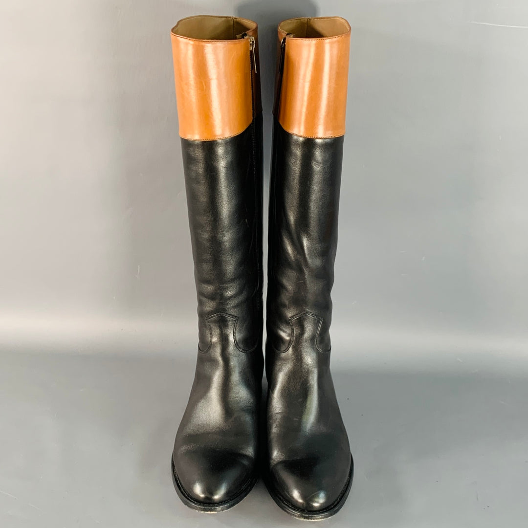 PAUL STUART Size 7.5 Black Tan Leather Side Zipper Riding Boots
