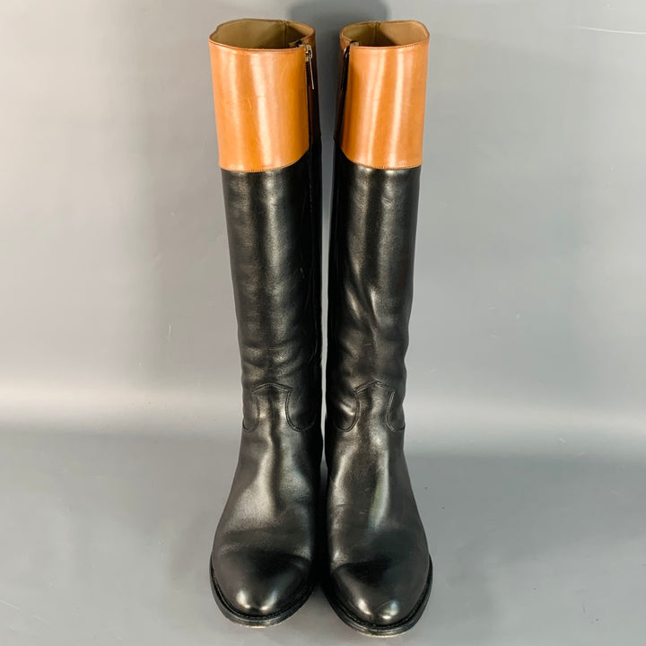 PAUL STUART Size 7.5 Black Tan Leather Side Zipper Riding Boots