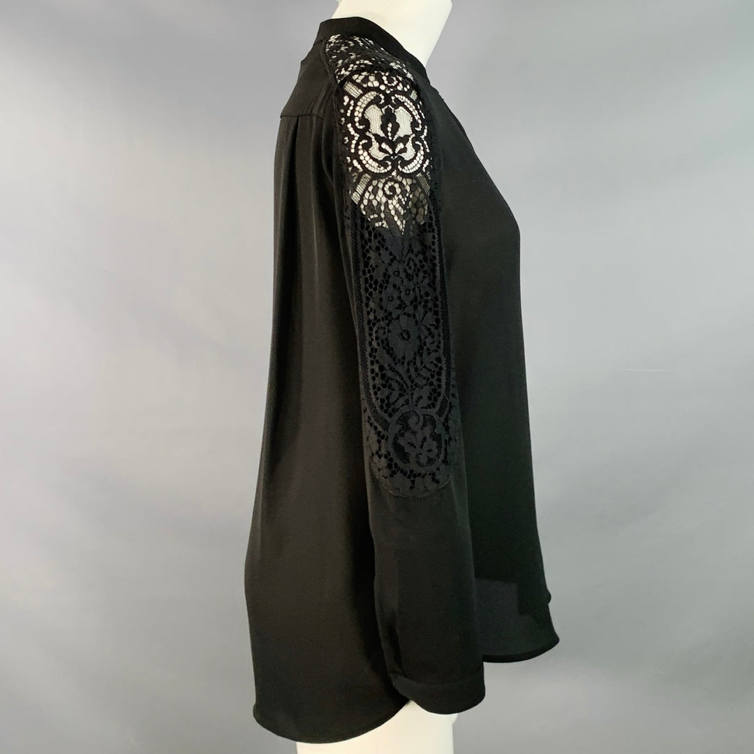 THE KOOPLES Size S Black Polyester Collarless Lace Trim Hidden Buttons Blouse