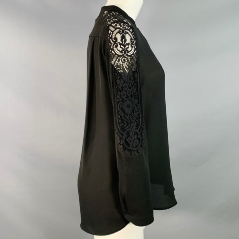 THE KOOPLES Size S Black Polyester Collarless Lace Trim Hidden Buttons Blouse