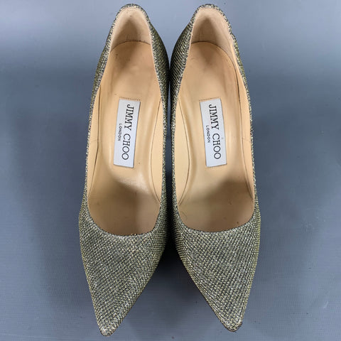 JIMMY CHOO Size 4 Gold Glitter Pointed Toe Stiletto Pumps