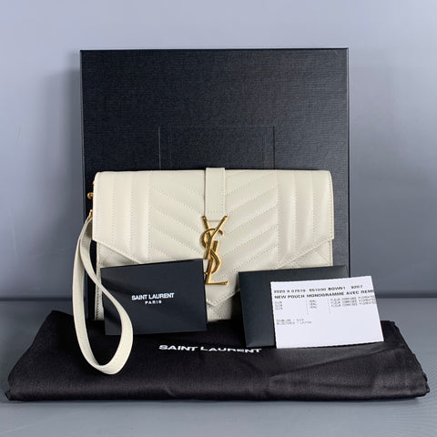 SAINT LAURENT Cream Gold Quilted Leather Clutch Handbag