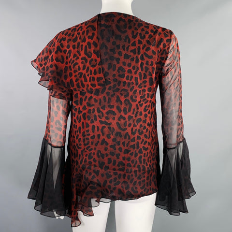 TOM FORD Size 4 Black Burgundy Silk Animal Print Ruffle Blouse