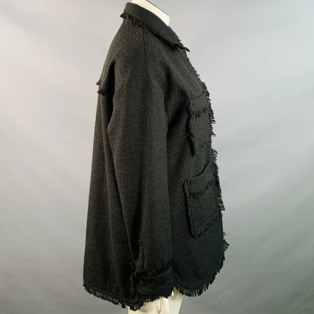 APPARIS Size XL Black Polyester Tweed Patch Pockets Fringed Coat
