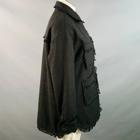 APPARIS Size XL Black Polyester Tweed Patch Pockets Fringed Coat