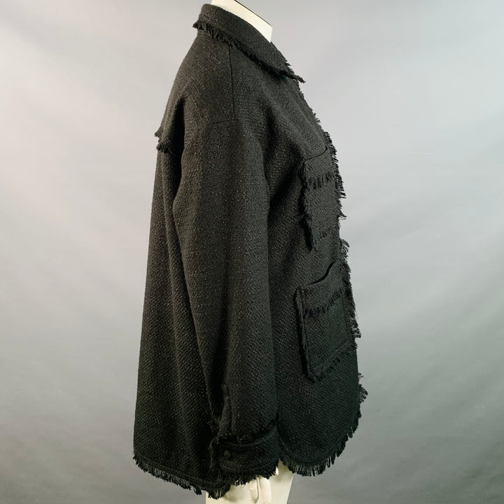 APPARIS Size XL Black Polyester Tweed Patch Pockets Fringed Coat