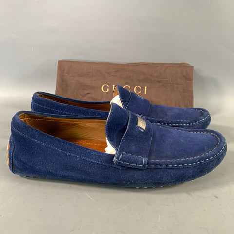 GUCCI Size 11 Blue Suede Slip On Loafers