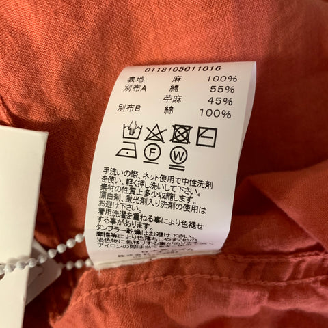 VISVIM Size XL Orange Linen Collarless Long Sleeve Shirt