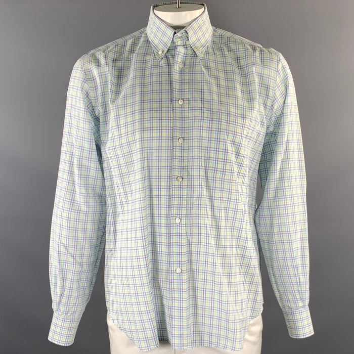 LORO PIANA Size XL White Purple Green Blue Plaid Long Sleeve Shirt