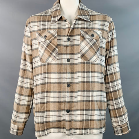 SAKS FIFTH AVENUE Size L Brown Grey Cream Plaid Cotton Shirt Jacket