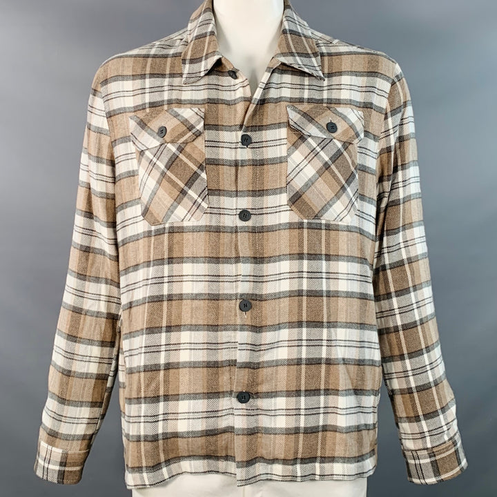 SAKS FIFTH AVENUE Size L Brown Grey Cream Plaid Cotton Shirt Jacket