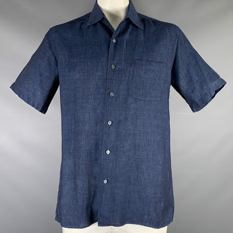 ERMENEGILDO ZEGNA Size L Navy Linen One Pocket Short Sleeve Shirt