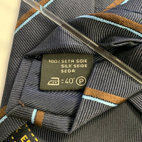 ERMENEGILDO ZEGNA Navy Light Blue Brown Diagonal Stripe Silk Tie