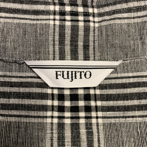 FUJITO Size M Black White Plaid Cotton Linen One Pocket Long Sleeve Shirt