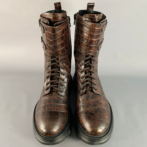 MICH SIMON Size 11 Brown Croc Embossed Leather Lace-Up Belt Calf High Military Boots