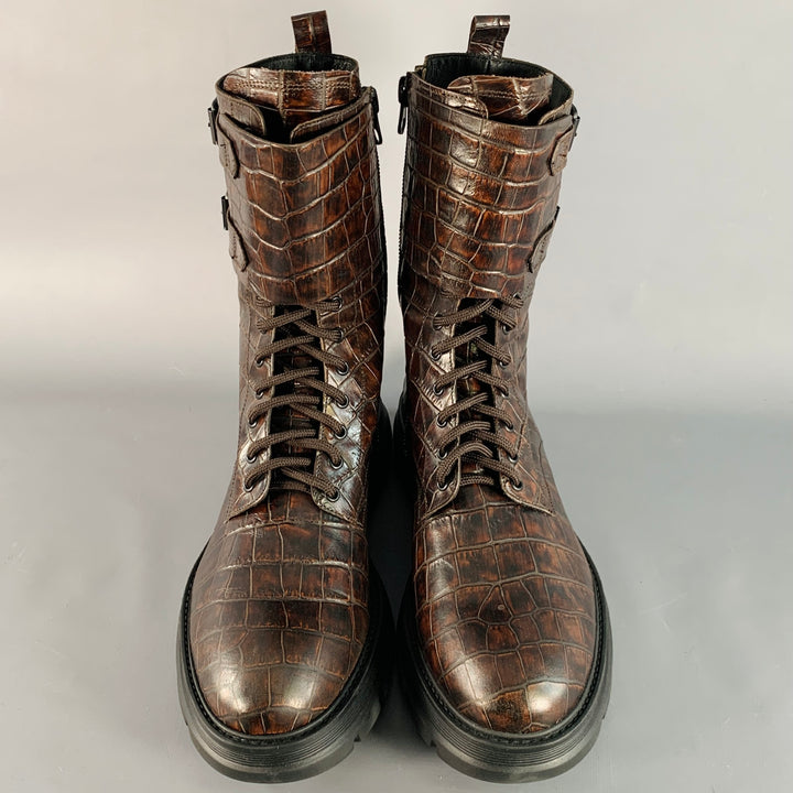 MICH SIMON Size 11 Brown Croc Embossed Leather Lace-Up Belt Calf High Military Boots