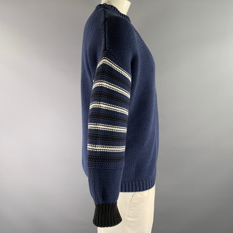 MARNI Size L Navy White & Black Knit Cotton Blend Ribbed Sweater