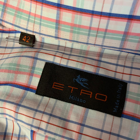 ETRO Size XL Pink Blue Green Plaid Cotton Long Sleeve Shirt