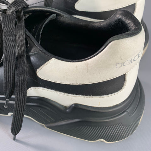 DOLCE & GABBANA Size 10 Daymaster Black White Color Block Leather Chunky Sole Sneakers