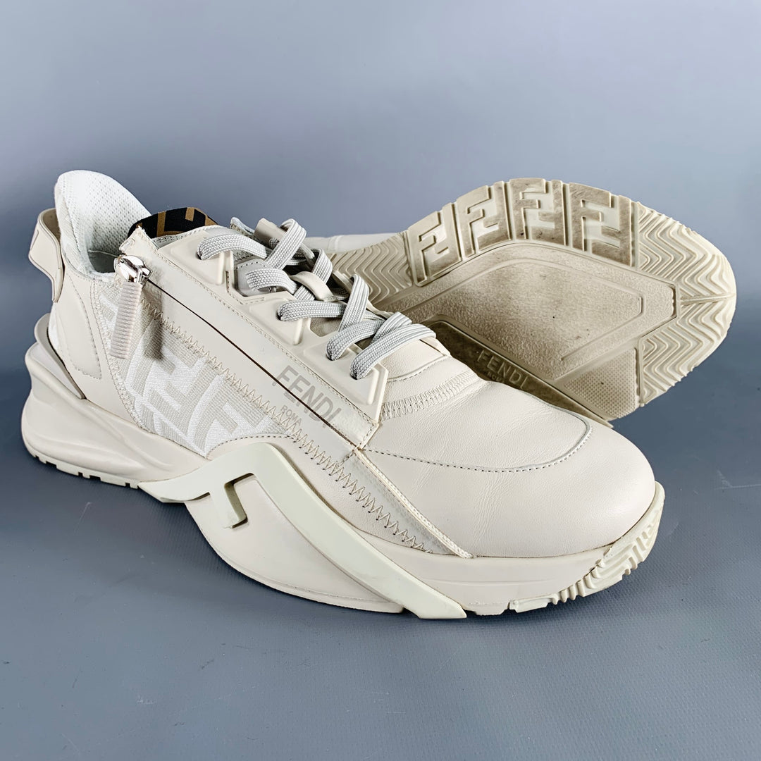 FENDI Size 11 White Off-White Leather Lace Up Zipper Flow Sneakers