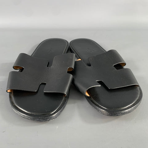 HERMES Size 11 Black Leather Slide Sandals