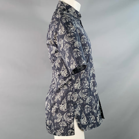 LANVIN Size 39 Navy White Koi Fish Cotton One Pocket Short Sleeve Shirt