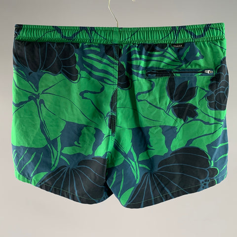 YUASA Size M Green Blue Floral Polyester Blend Swim Trunks