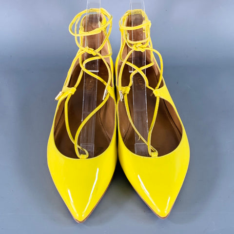 AQUAZZURA Size 9.5 Yellow Patent Leather Laced Pointed Toe Flats
