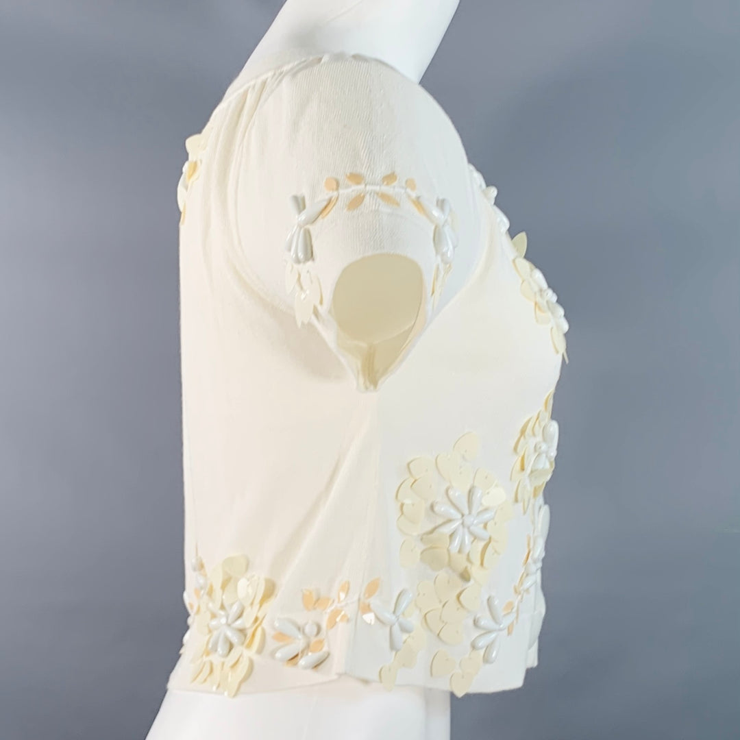 NANETTE LEPORE Size XS Cream White Cotton Blend Beaded Floral Cropped Cardigan