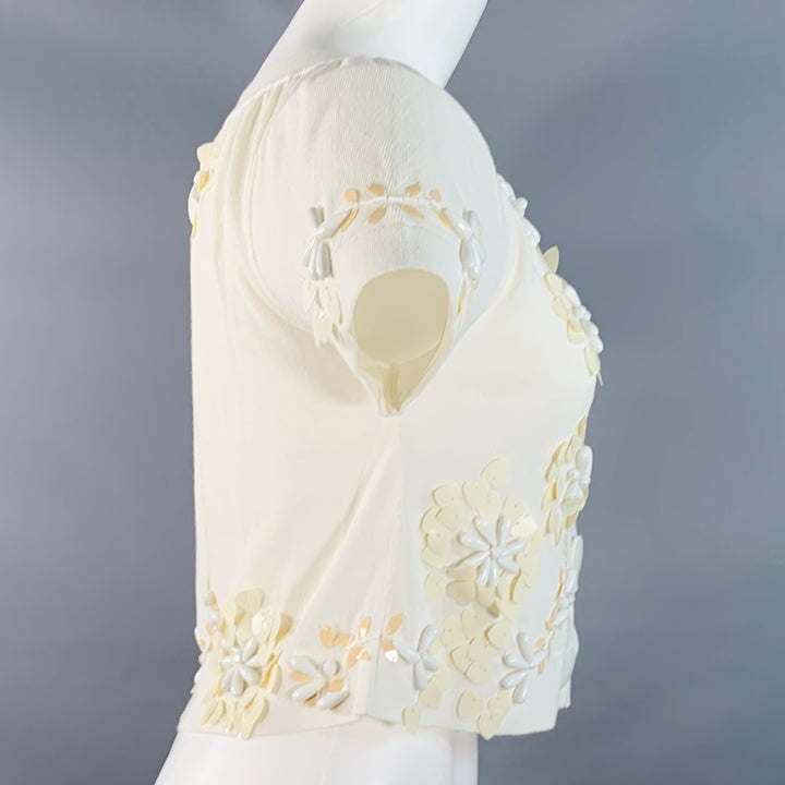 NANETTE LEPORE Size XS Cream White Cotton Blend Beaded Floral Cropped Cardigan