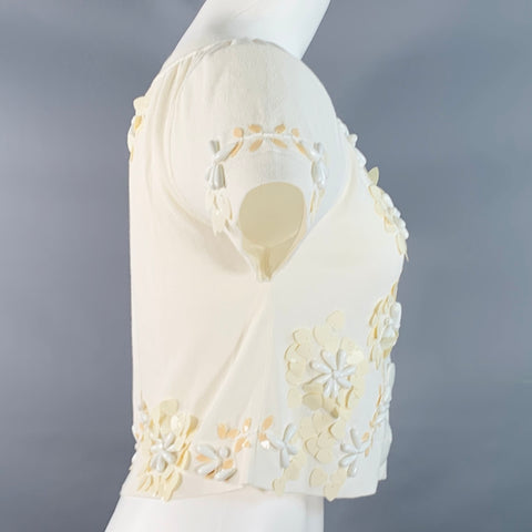 NANETTE LEPORE Size XS Cream White Cotton Blend Beaded Floral Cropped Cardigan