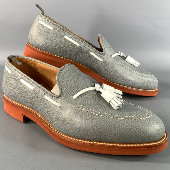 BLACK FLEECE Size 11 Grey White Pebble Grain Leather Tassels Loafers
