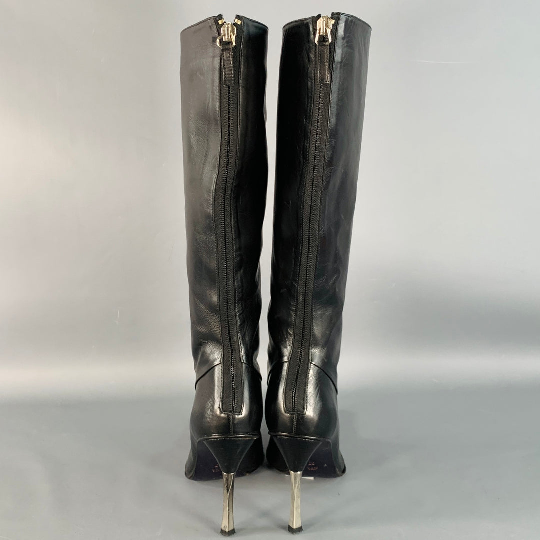 LES COPAINS Size 7 Black Silver Leather Back Zipper Calf High Stiletto Boots