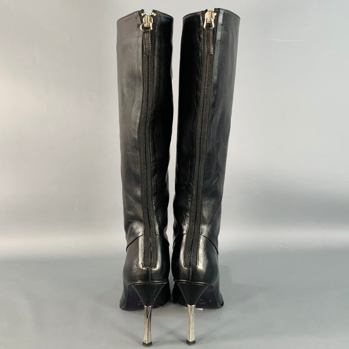 LES COPAINS Size 7 Black Silver Leather Back Zipper Calf High Stiletto Boots