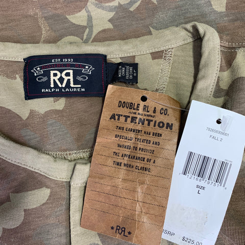 RRL by RALPH LAUREN Taille L Chemise Henley à Manches Longues en Coton Camouflage Kaki Marron