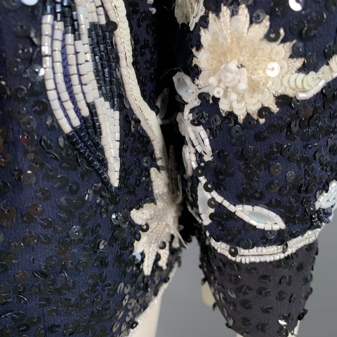 ESCADA Size L Navy Black White Sequined Beaded Floral Jacket Blazer