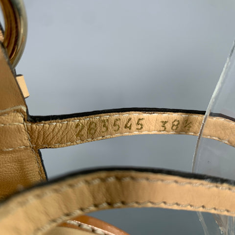 GUCCI Size 8.5 Tan Brown Leather Logo Kitten Heel Sandals