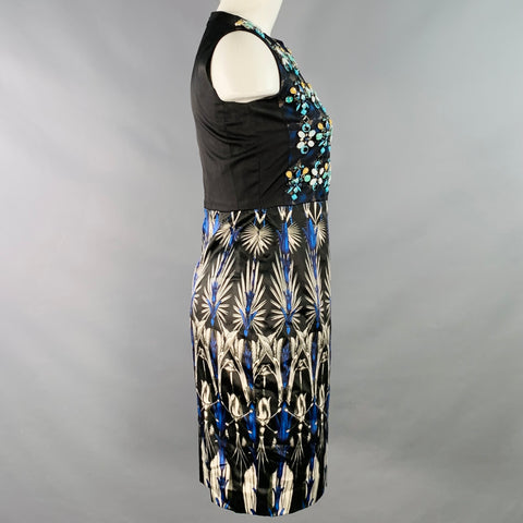BIYAN Size S Lorelei Black Multi Color Silk Cotton Blend Beaded Midi Cocktail Dress