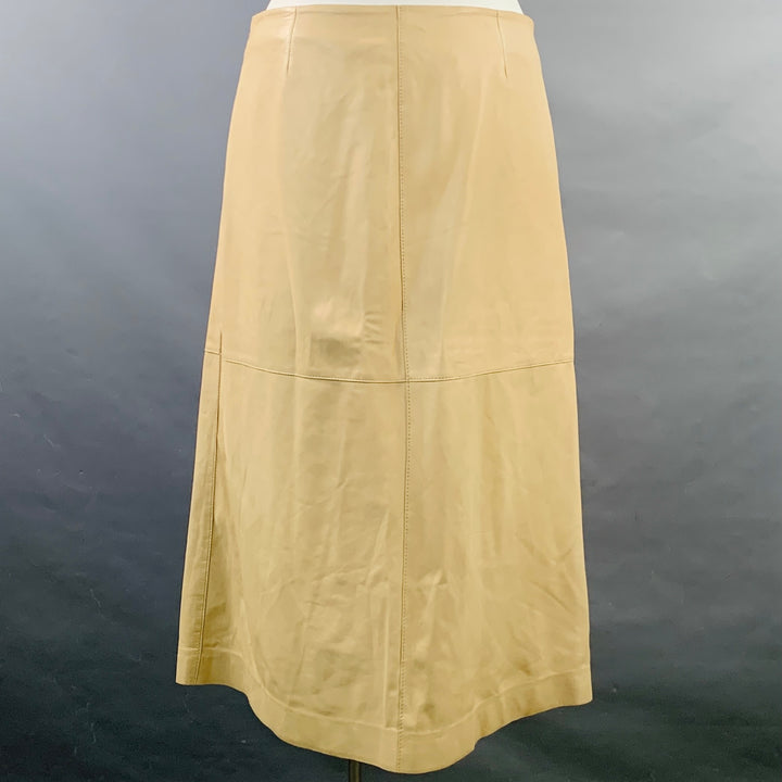 NICOLE FARHI Size 10 Beige Leather Lambskin Side Zipper Midi Skirt