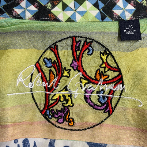 ROBERT GRAHAM Size L Beige Navy Print Cotton Button Up Long Sleeve Shirt