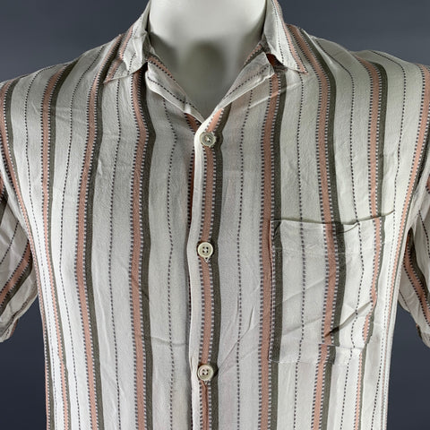 PORTUGUESE FLANNEL Size L Cream Olive Pink Stripe Viscose Short Sleeve Shirt