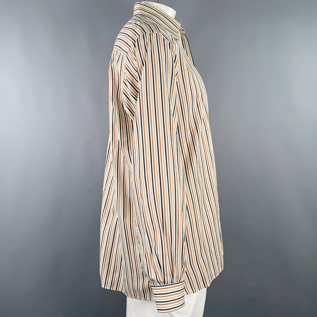 ERMENEGILDO ZEGNA Size XL White Brown Black Stripe Cotton Long Sleeve Shirt