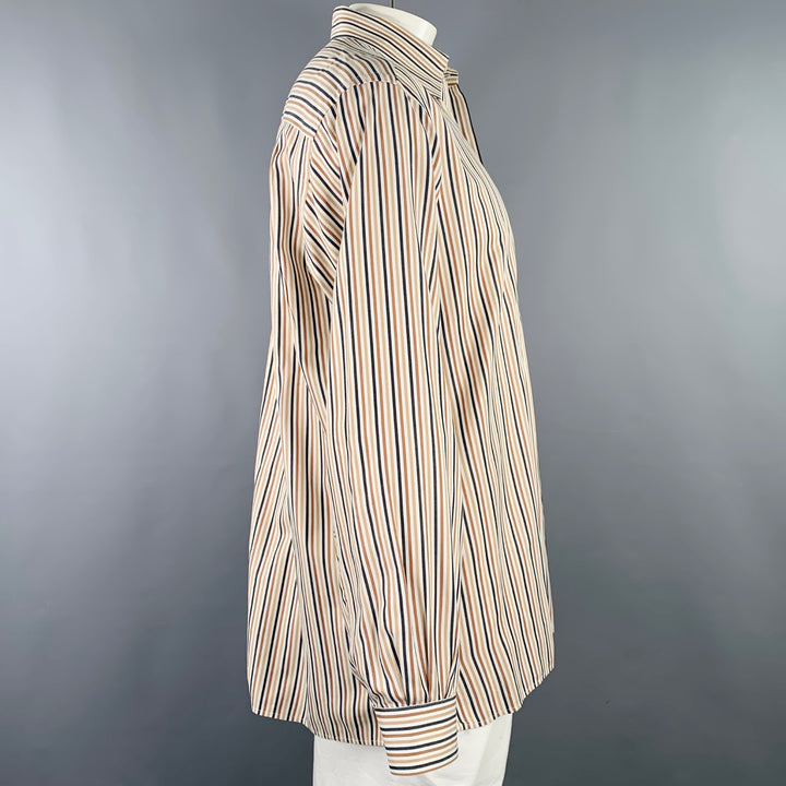 ERMENEGILDO ZEGNA Size XL White Brown Black Stripe Cotton Long Sleeve Shirt