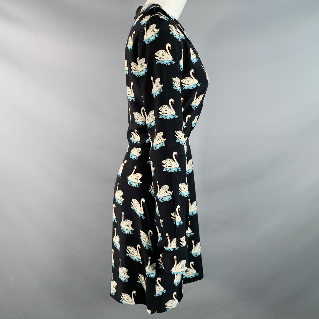 STELLA McCARTNEY 2016 Size 2 Black White Blue Silk Swans Point Collar Dress