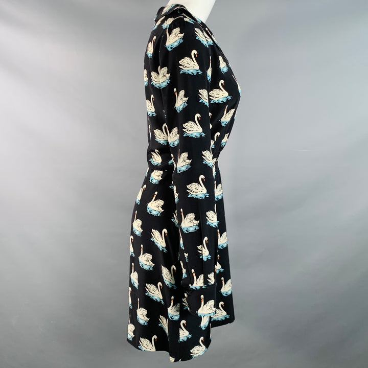 STELLA McCARTNEY 2016 Size 2 Black White Blue Silk Swans Point Collar Dress