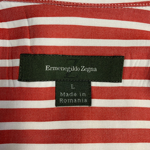 ERMENEGILDO ZEGNA Size L Red White Stripe Cotton Button Up Long Sleeve Shirt