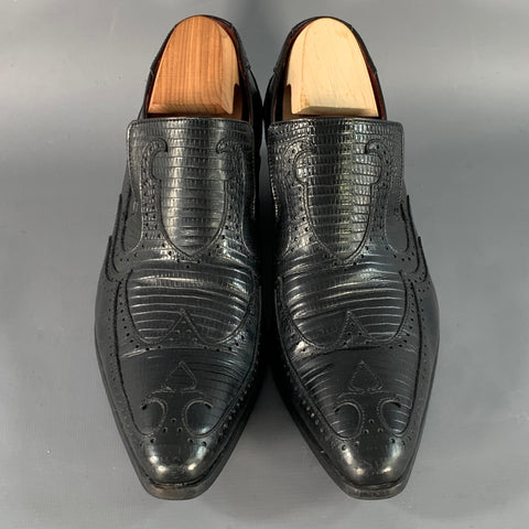 JOHN FLUEVOG Size 9 Black Lizard Embossed Leather Wingtip Chunky Heeled Loafers