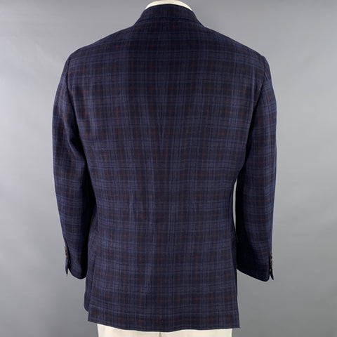 BRUNELLO CUCINELLI Size 46 Navy Brown Plaid Linen Blend Sport Coat