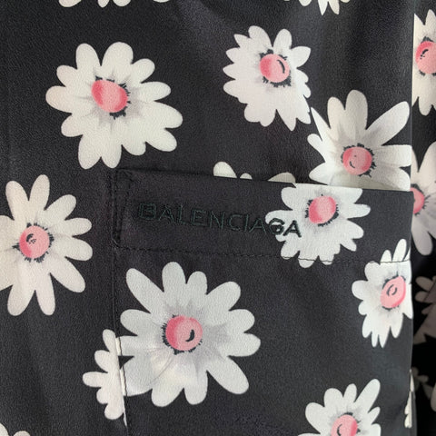 BALENCIAGA Size S Black & White Pink Floral Polyester Long Sleeve Shirt