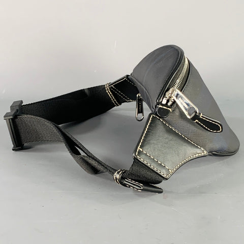 BURBERRY Black Navy Blackwatch Leather Trim Saffiano Canvas Belt Bag